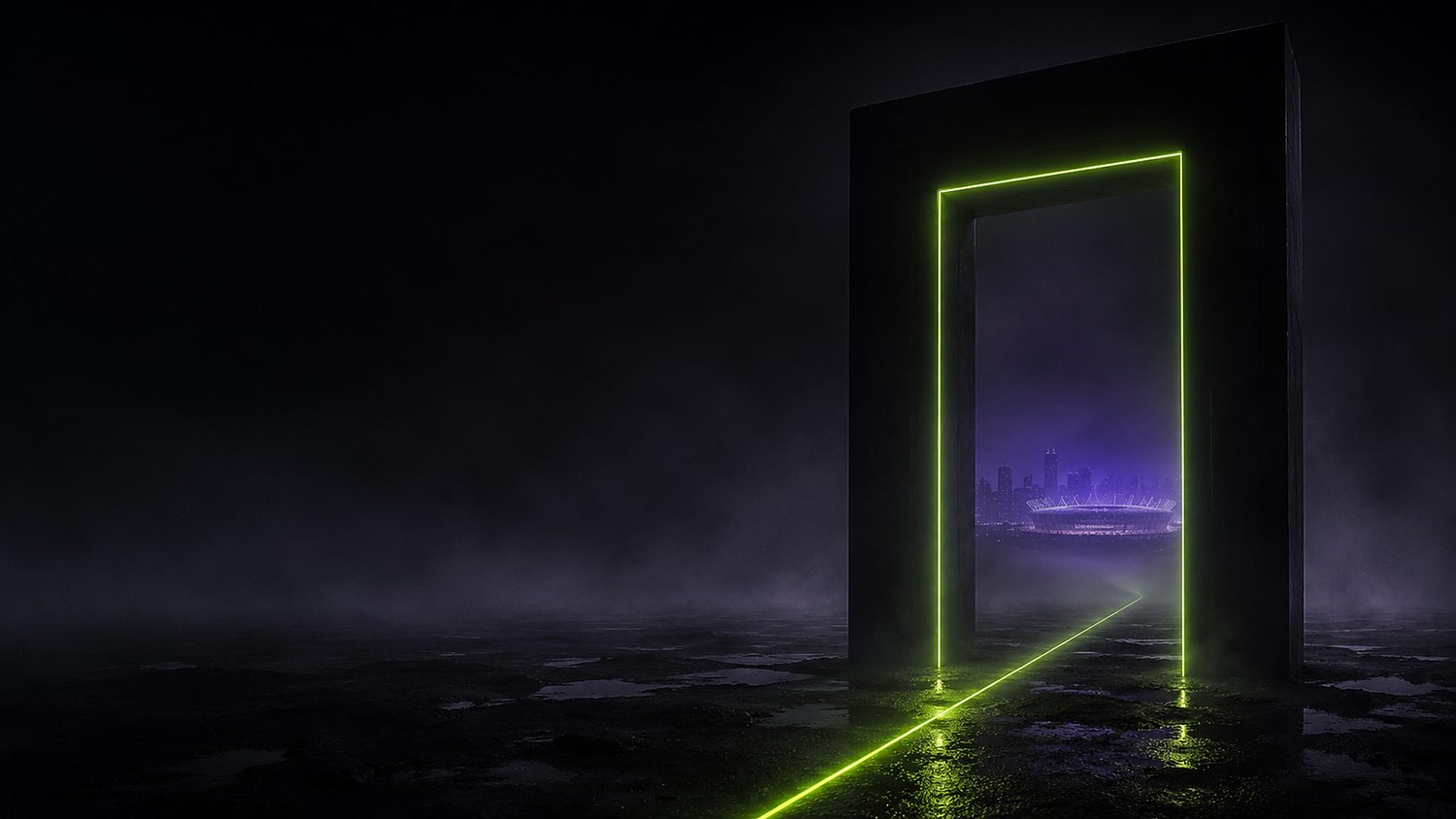 A single glowing gate on a foggy plane, a volt-green trail leading through it to a city.