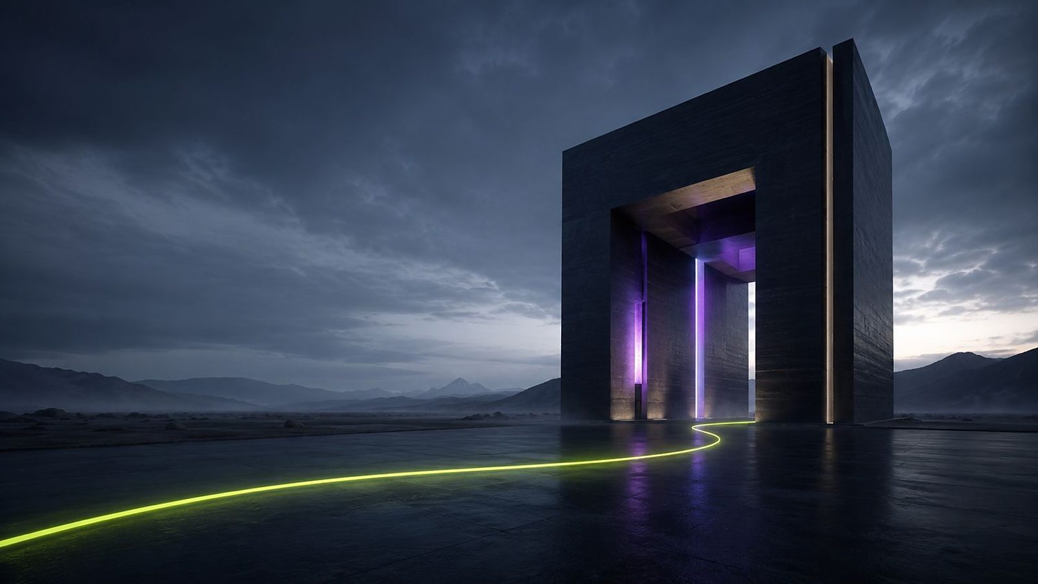A monolithic gate on water, its outline glowing volt-green, a city beyond.
