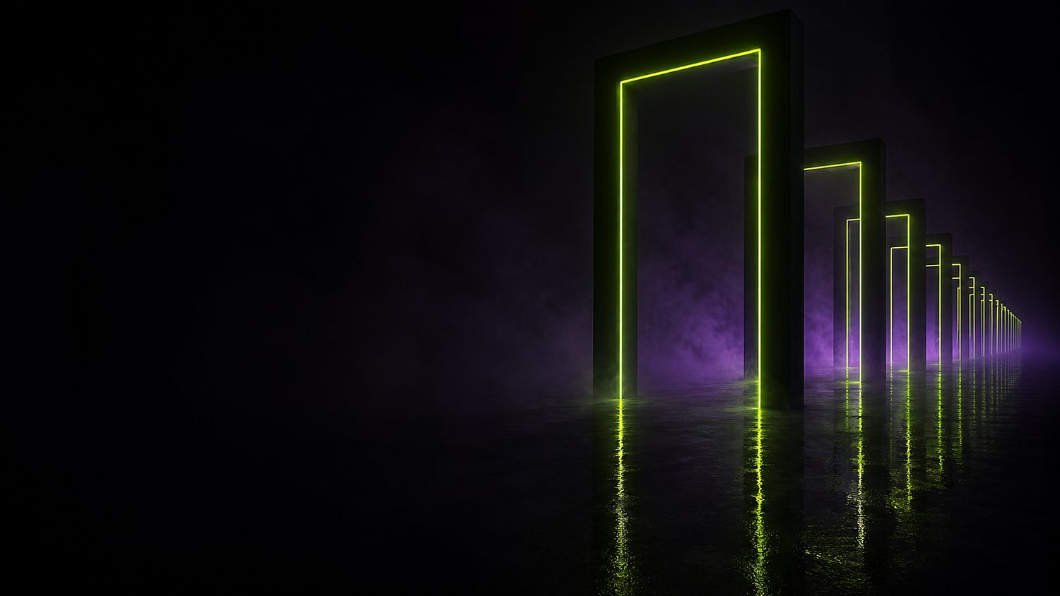 A receding row of glowing gates in violet mist, volt-green trails on the wet floor.