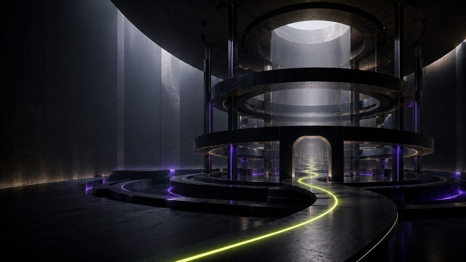 A tiered chamber of rings under a skylight, a volt-green trail winding through it.